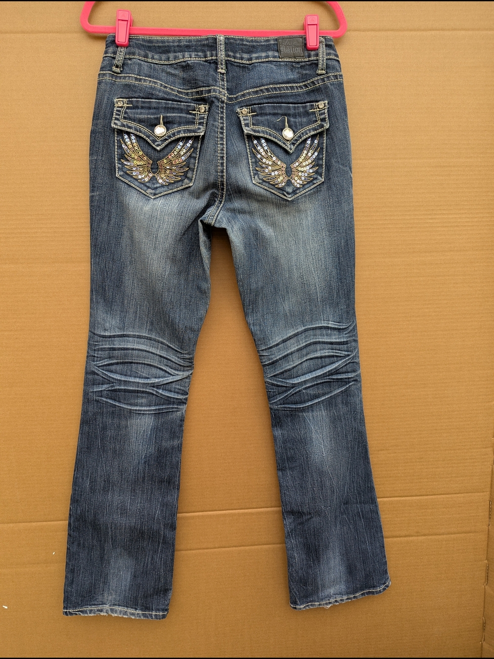 Love X Nation Y2K Bling Bootcut Jeans Whisker Wash Dark Denim Low Mid Rise Sz 8